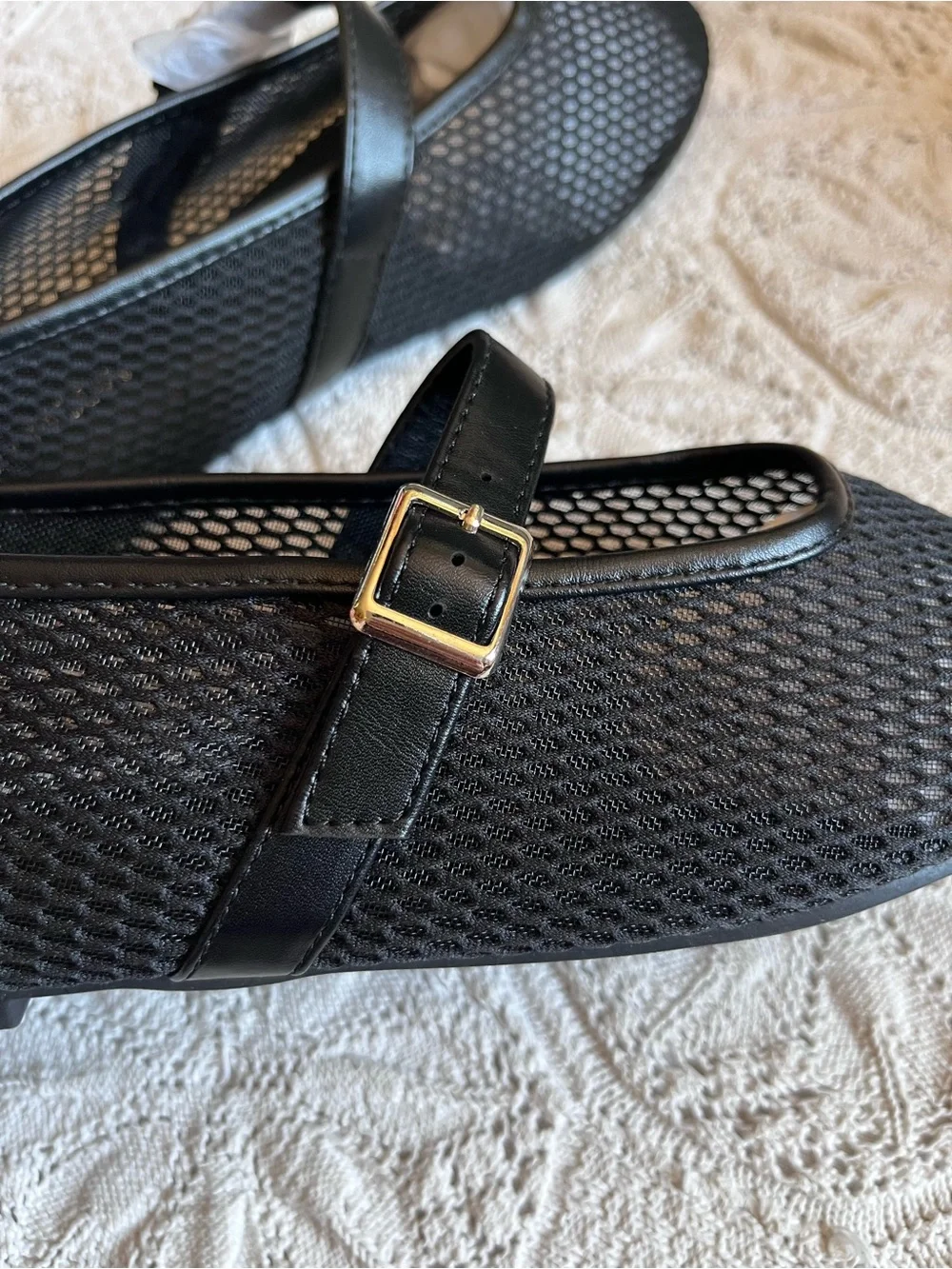 NWT Top Moda black mesh ballet flats Mary Jane buckle round toe